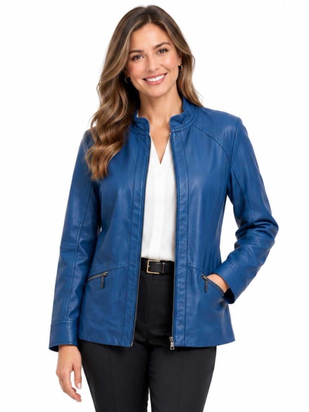 Christopher & Banks Deep Teal Faux Leather Zip-Up Collarless Jacket Size XL